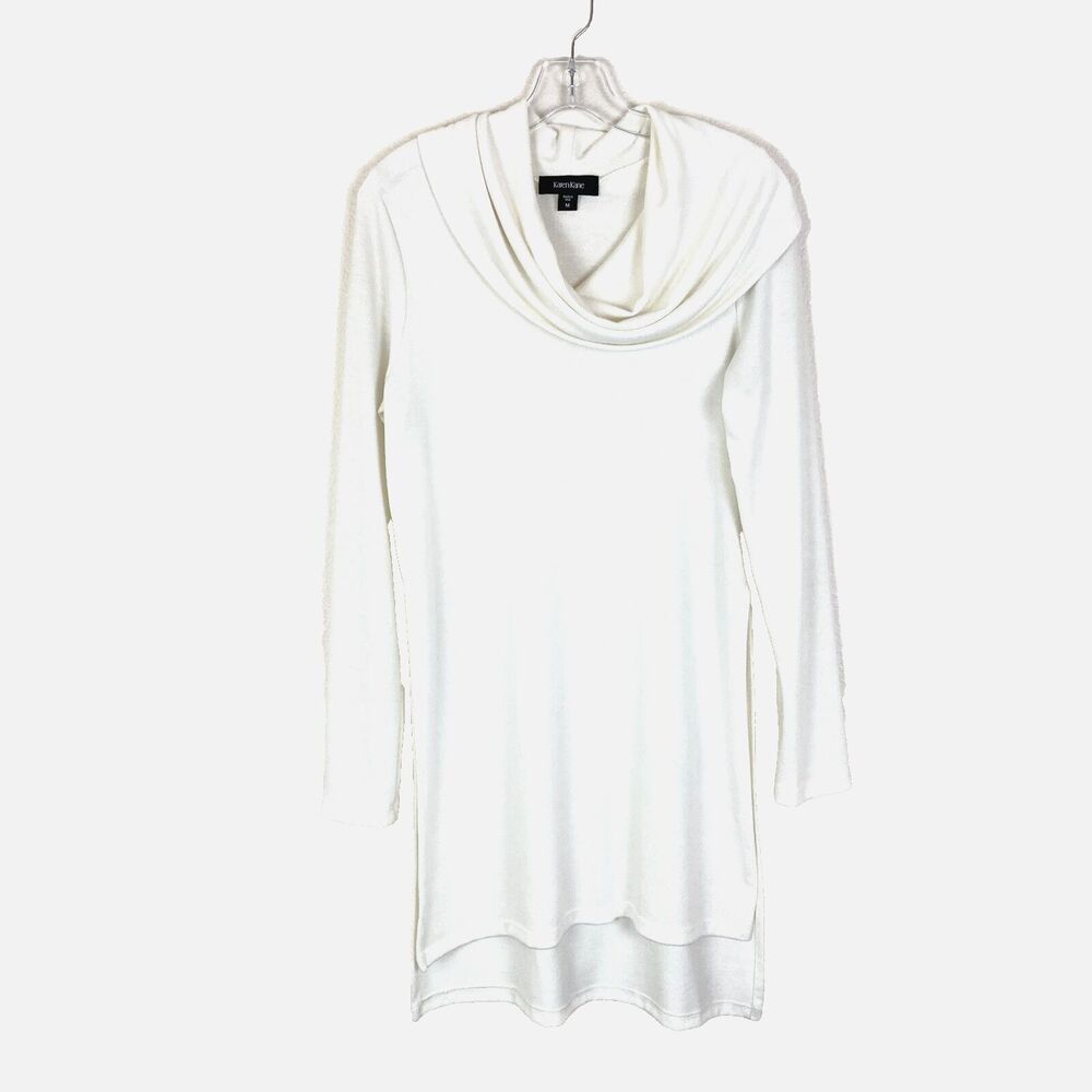 Karen Kane Women's Long Cowl Neck Sweater Size M Off White Hi-Low Side Slits